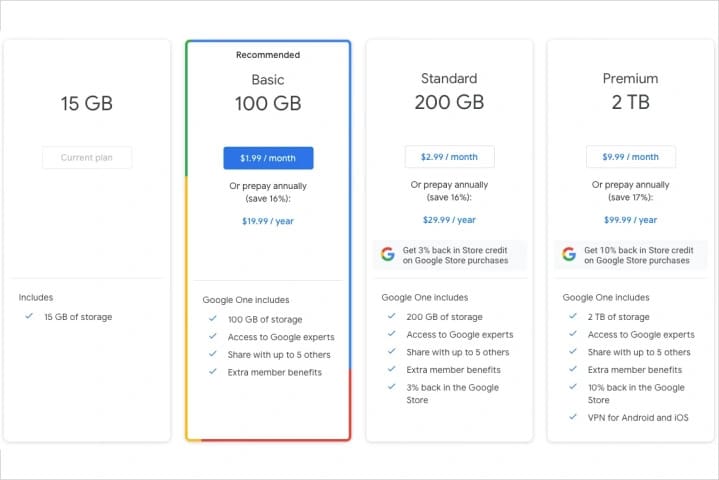 Google One subscription plans