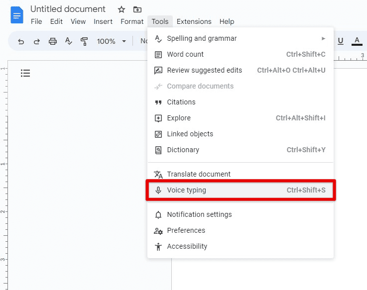 Opening the voice typing tool