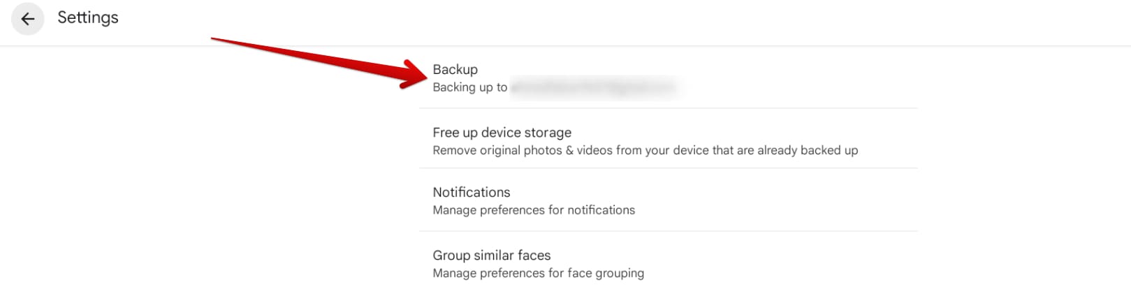 Selecting the "Backup option"