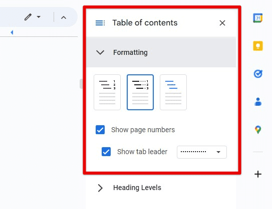 Table of contents in Google Docs