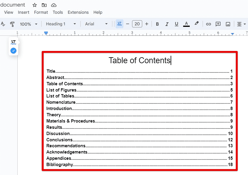 Table of contents in a technical document