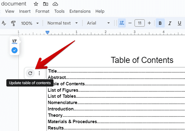 Updating the table of contents