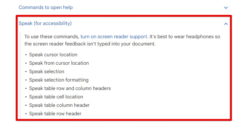 Voice commands for accessibility