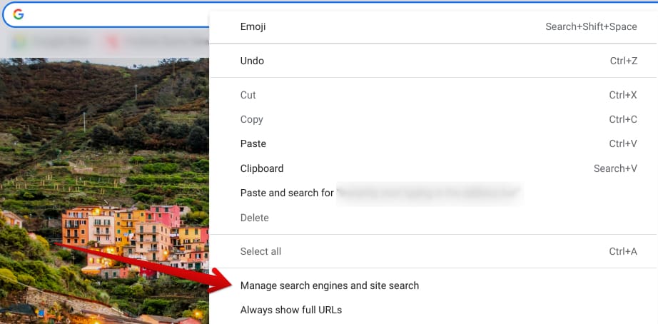Accessing the "Manage search engines and site search" section in Chrome