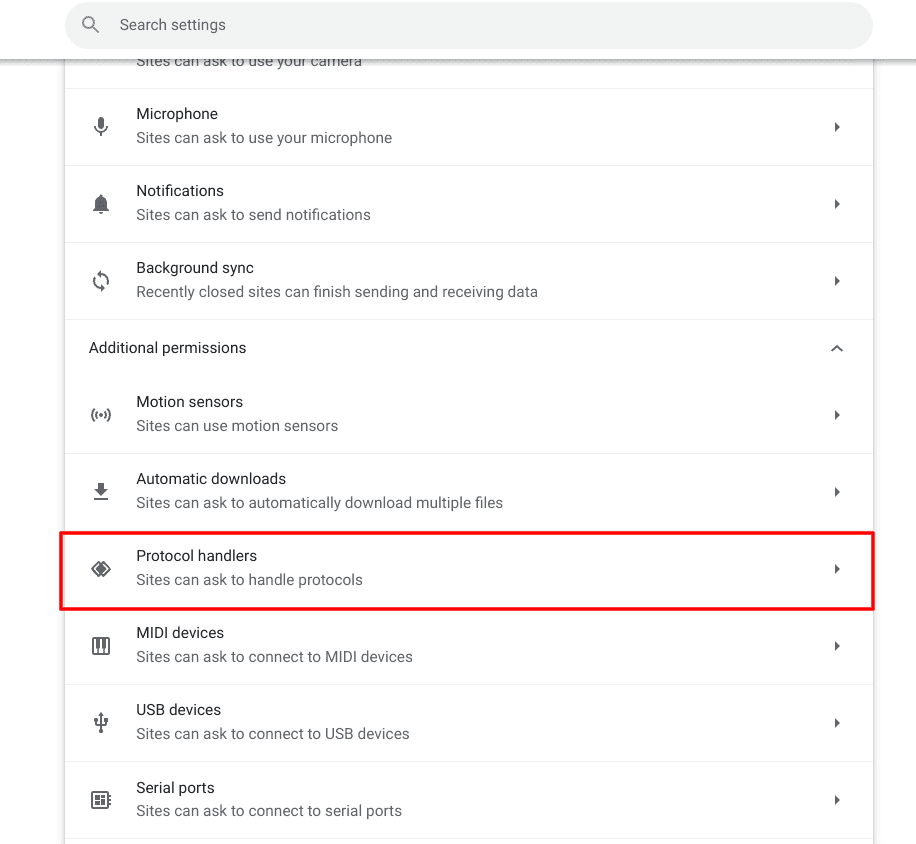 Accessing the "Protocol handlers" site setting