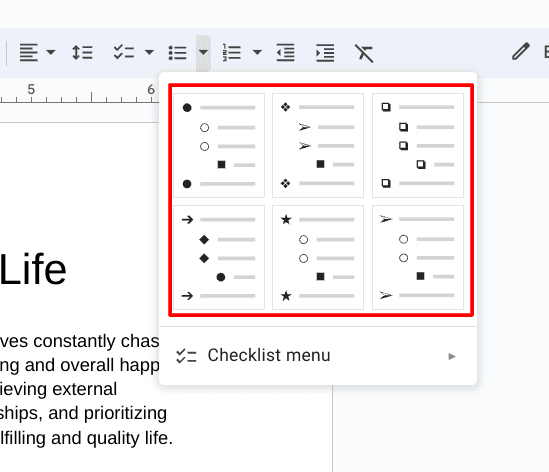 Bulleted list options in Google Docs