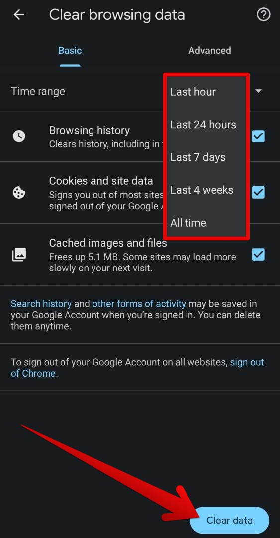 Clearing browsing history and other data