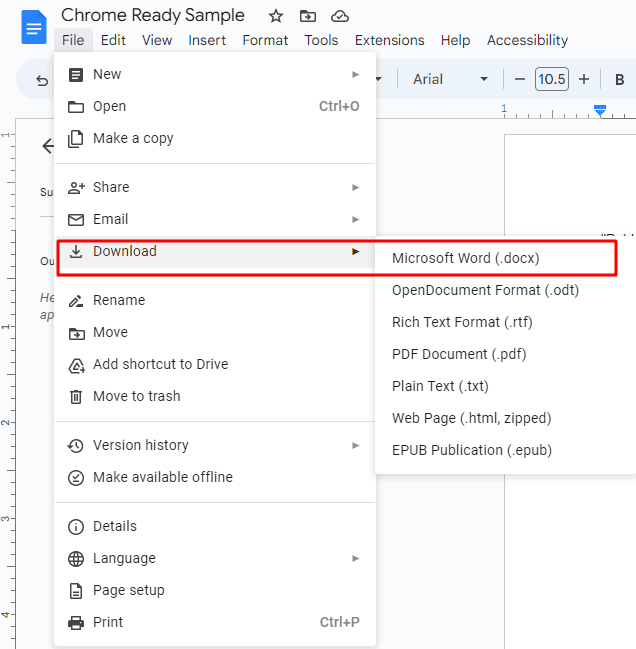 Downloading a Docs file into the Word file format