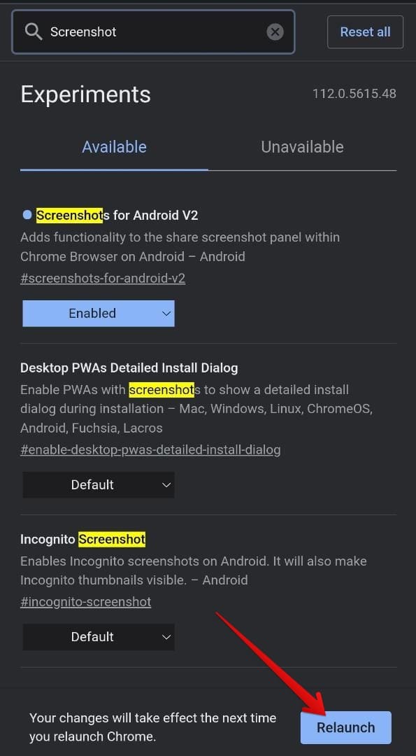 Enabling the "Screenshot for Android V2" flag