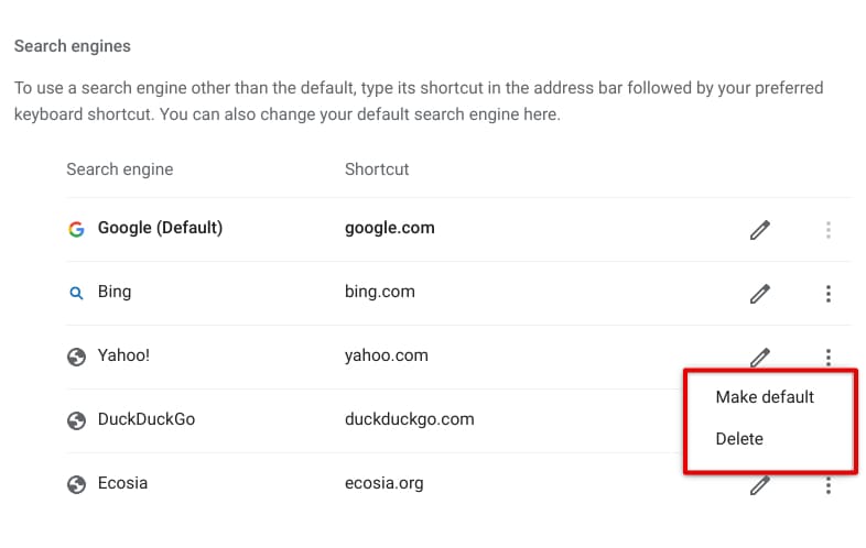 More actions related to search engines in Chrome