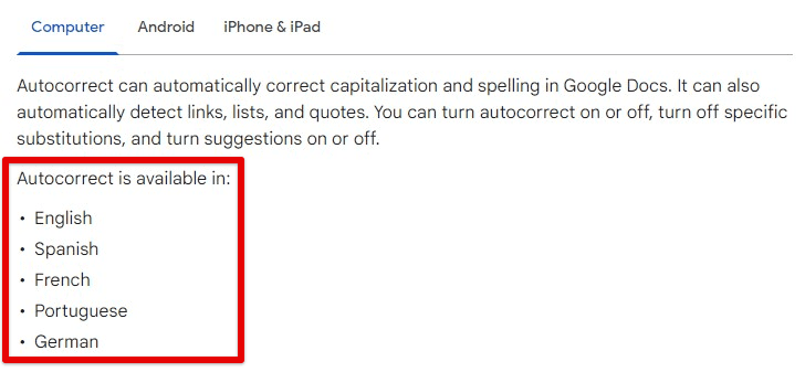 Supported languages for autocorrect