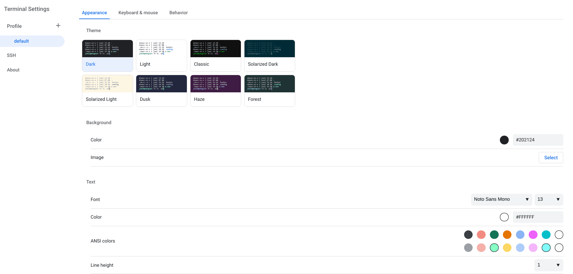 The "Appearance" settings of the Linux terminal