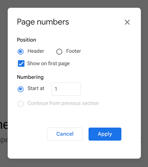 The "More options" section of page numbers