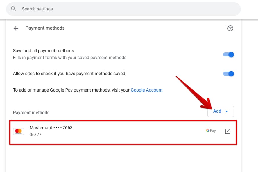 The "Payment methods" section in Google Chrome