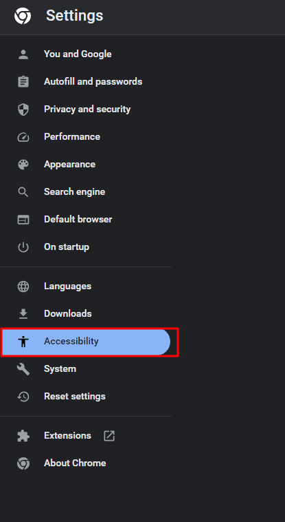 Clicking the "Accessibility" section