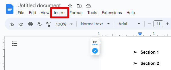 Insert tab in Google Docs toolbar