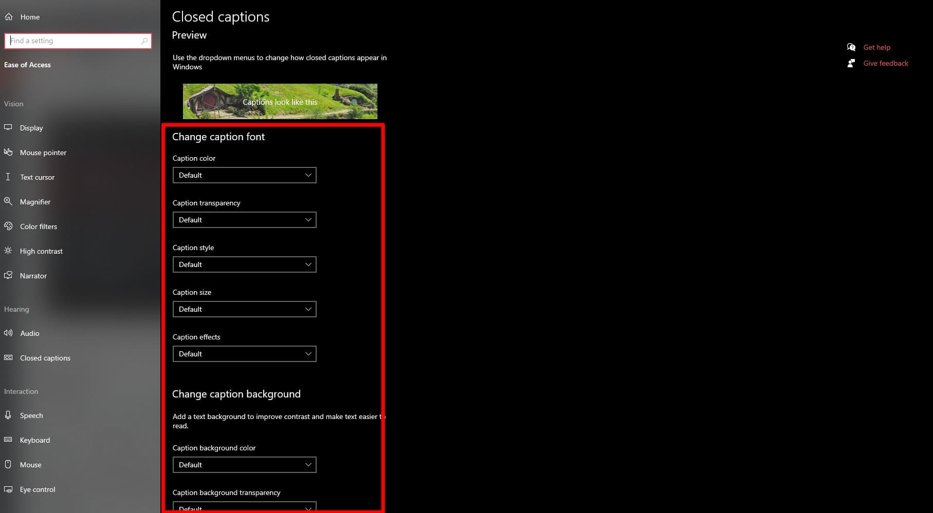 Live caption settings for Google Chrome in Windows