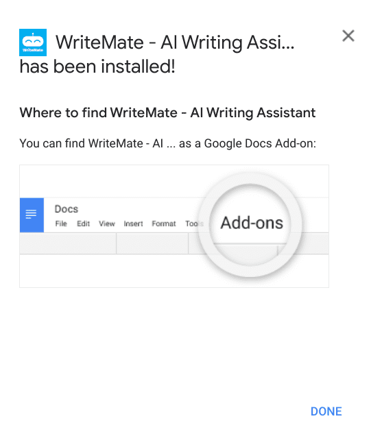 WritingMate installed on Google Docs