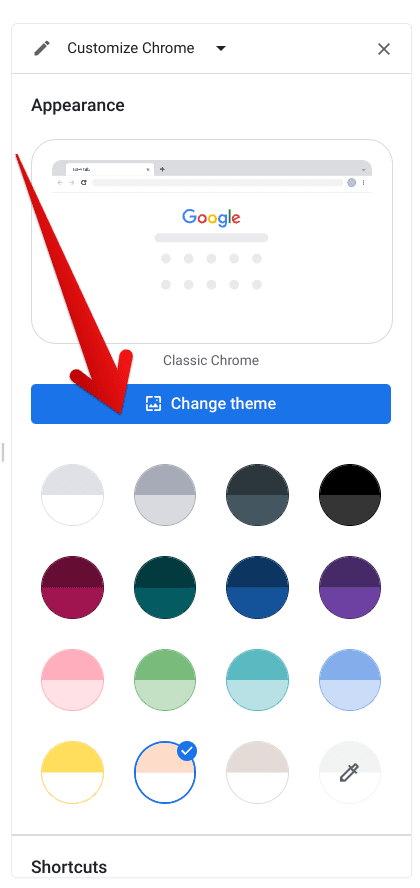 Clicking on "Change theme"