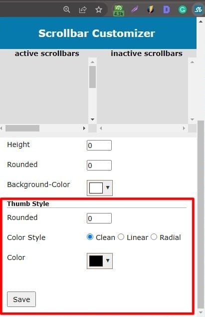 Customizing the thumb of the scrollbar