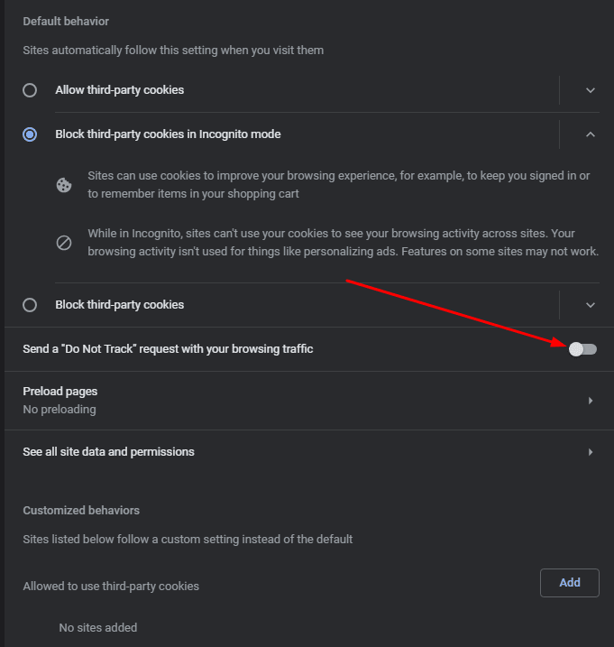 Do Not Track request toggle