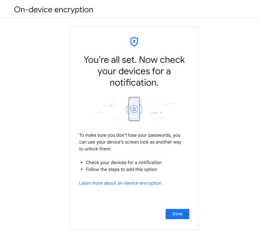 On-device encryption all set up