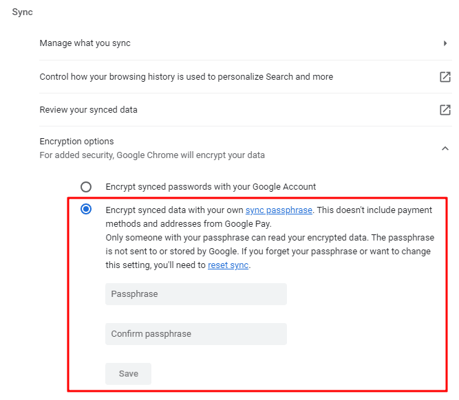 Setting a sync passphrase in Google Chrome