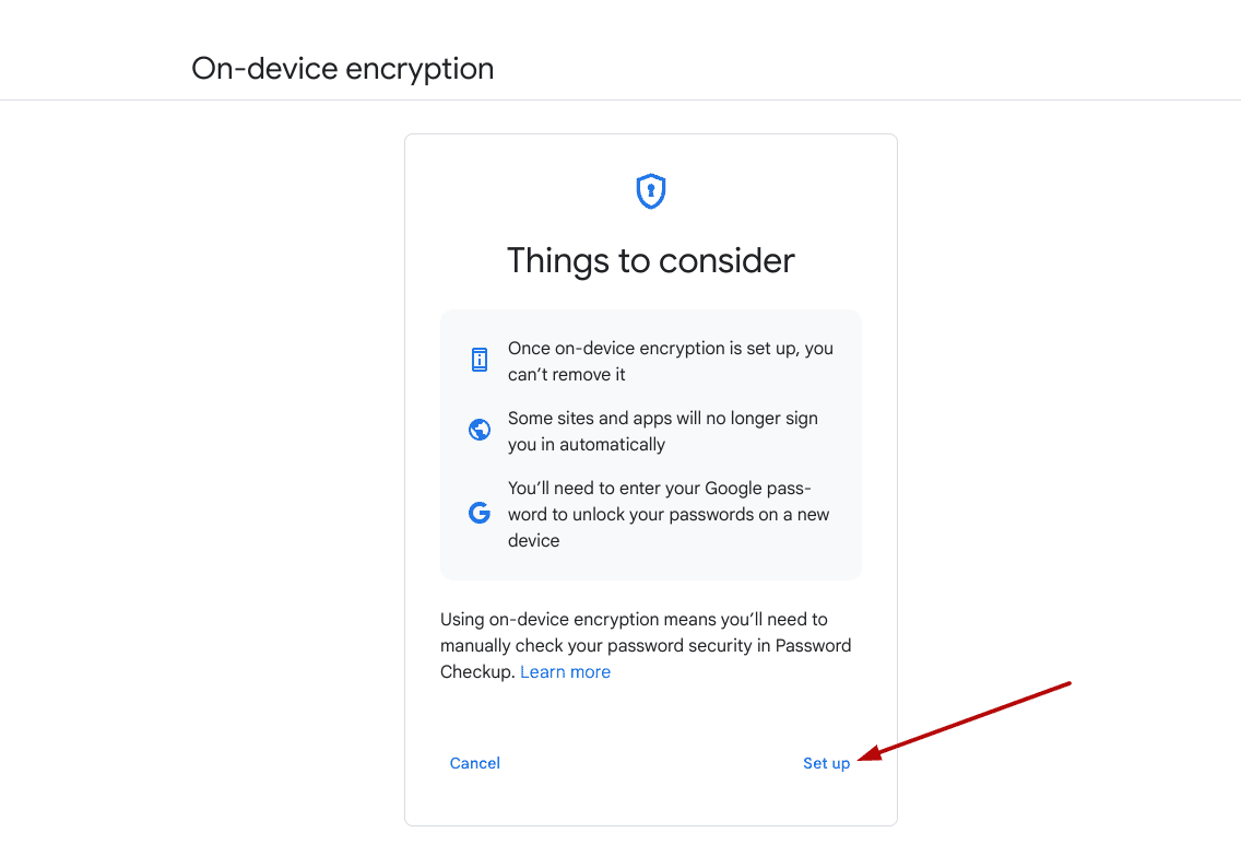 Setting up on-device encryption on ChromeOS