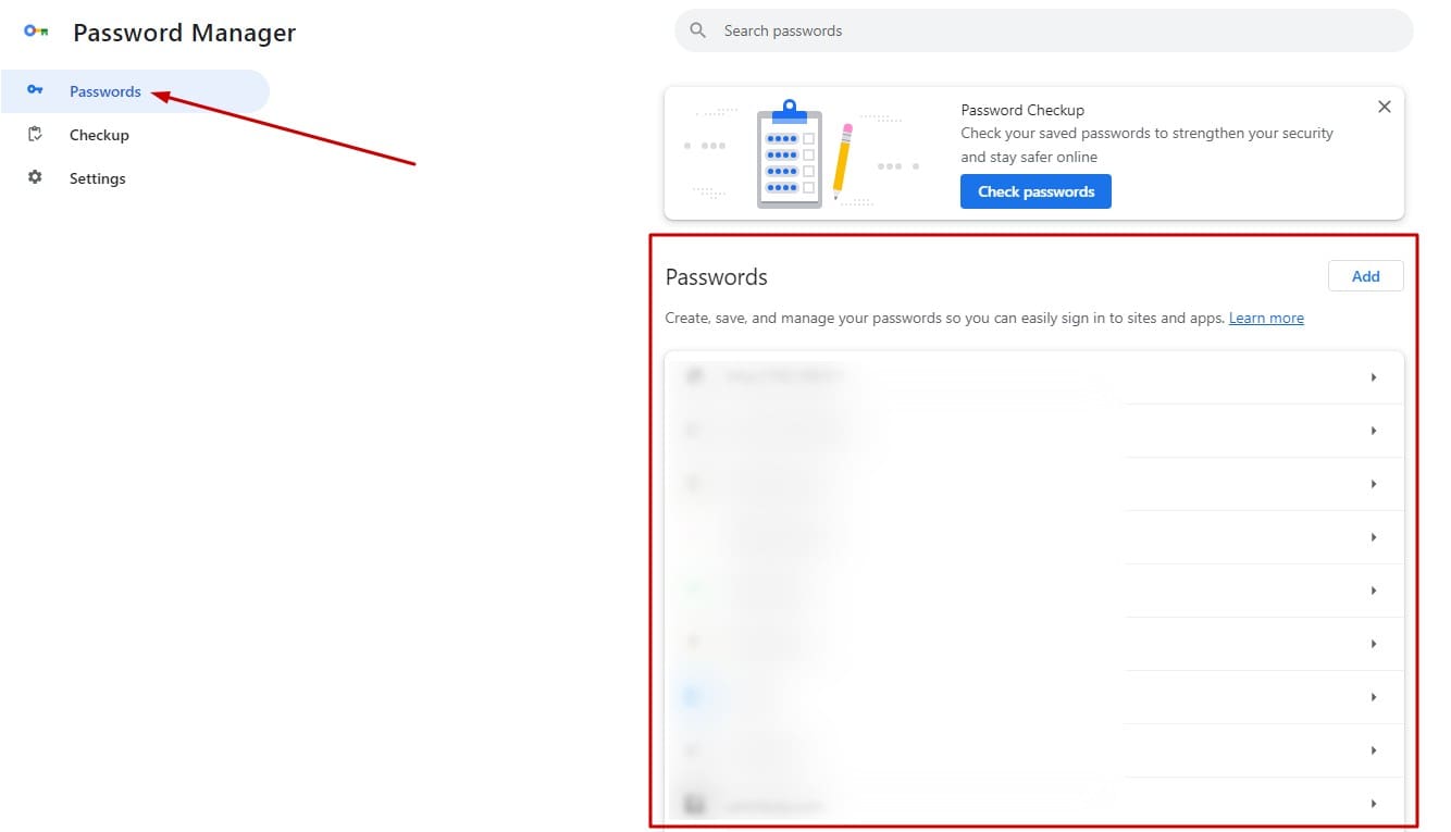 The Passwords tab in the Password Manager section