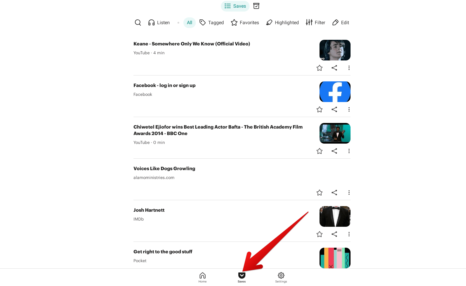 The "Saves" section in the Pocket app