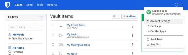 The "Settings" section in Bitwarden