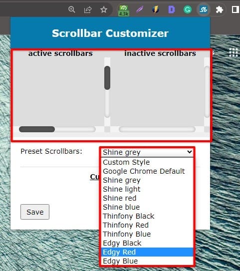 User interface of the Scrollbar Customizer extension