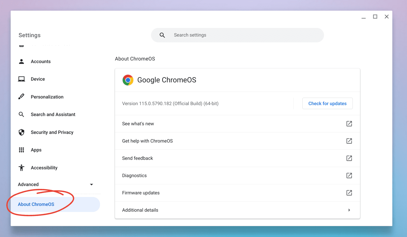 about chromeos tab in settings app