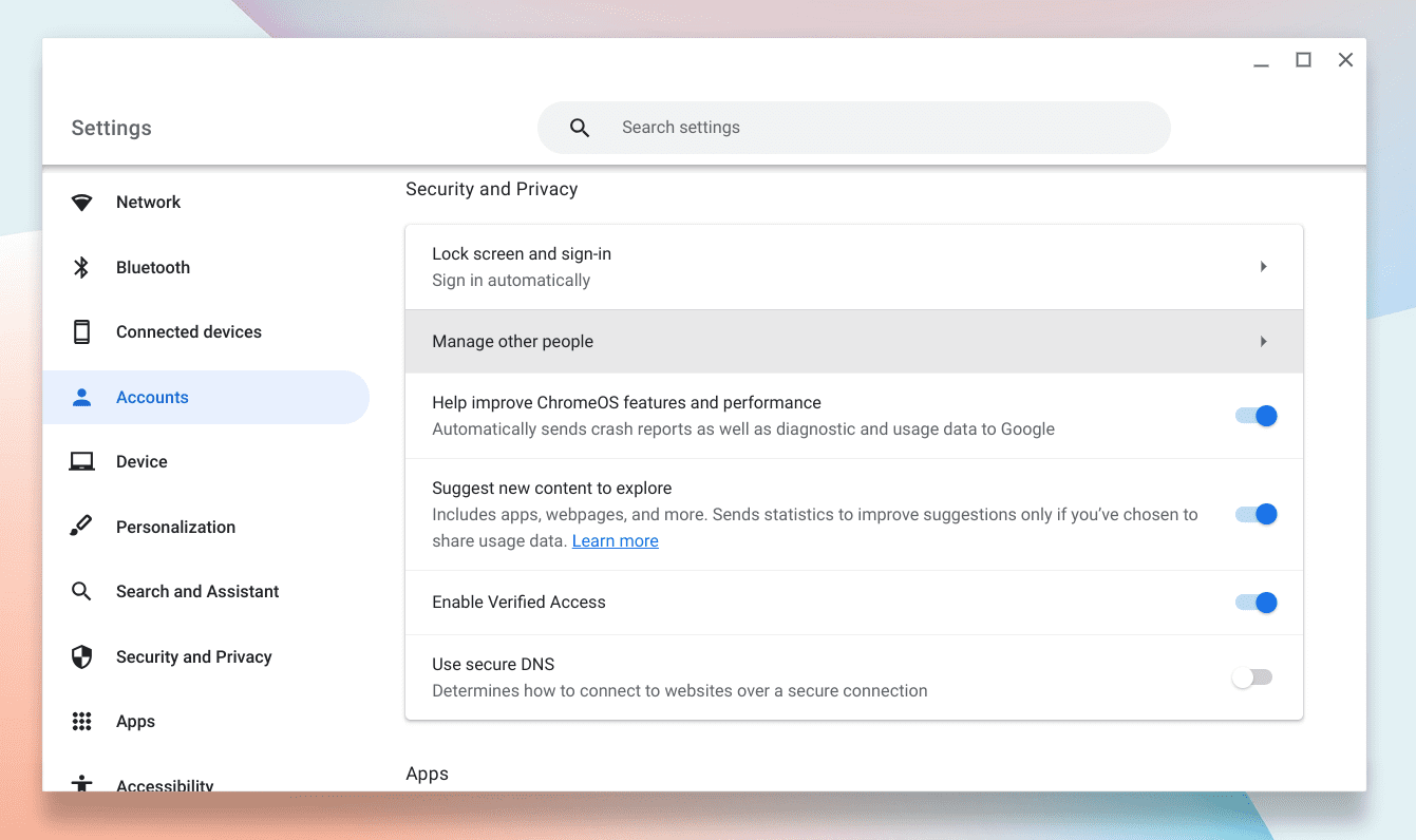 accounts option in chromeos settings