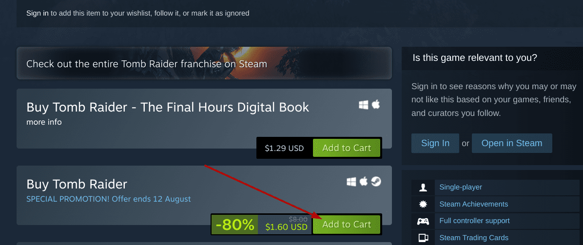 Buying Tomb Raider on Steam