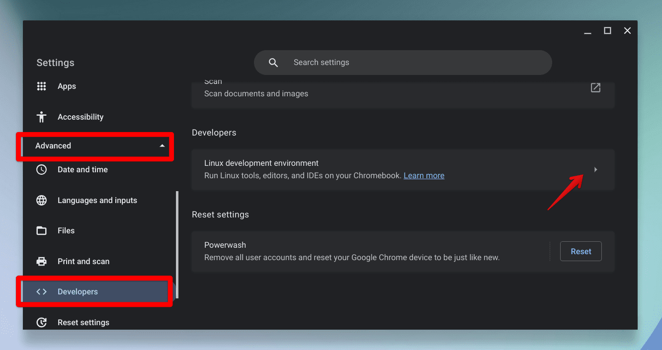 chromeos advanced settings