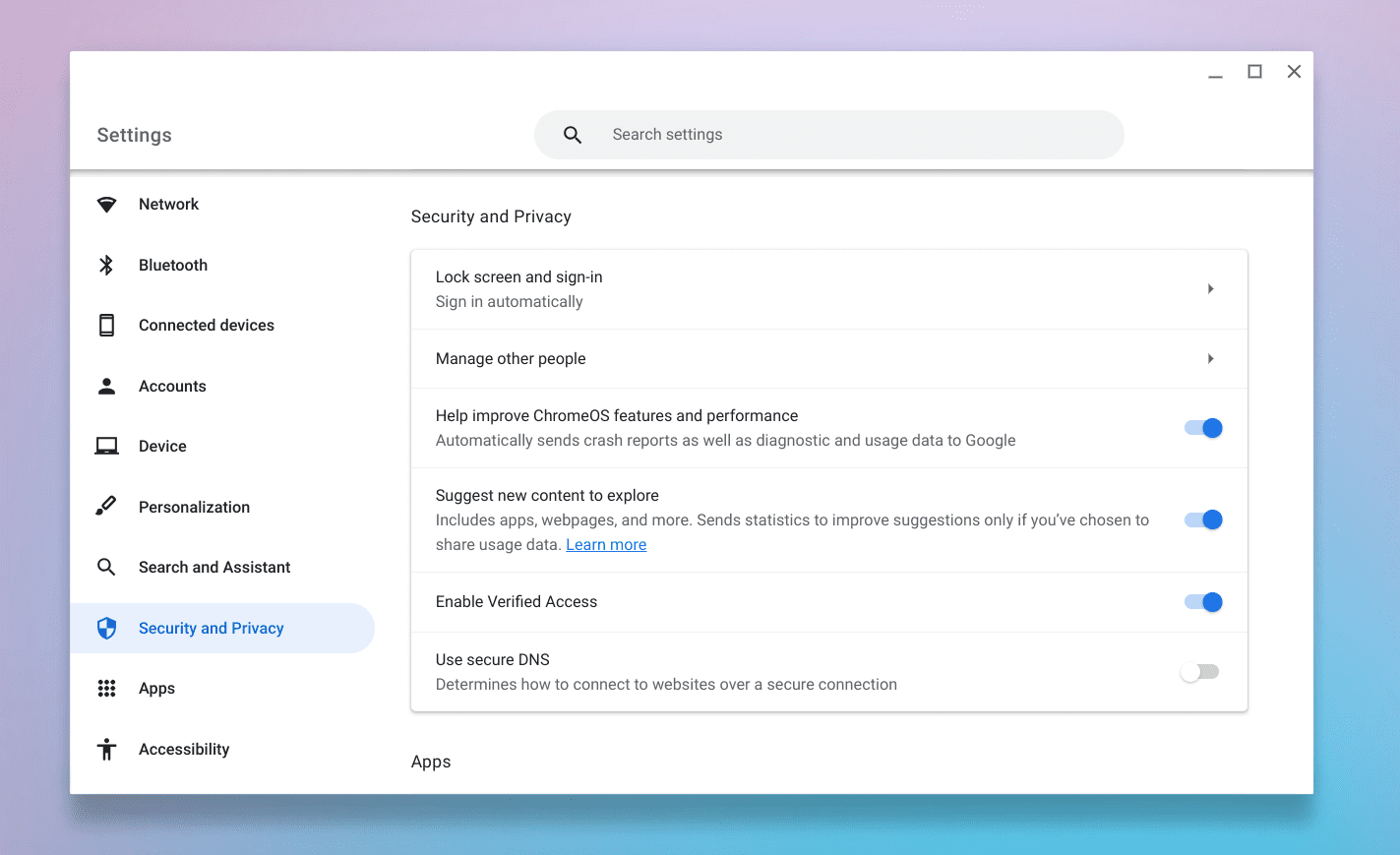 chromeos security and privacy settings