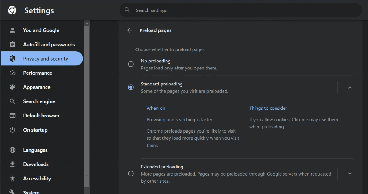 enabling preloading on chrome