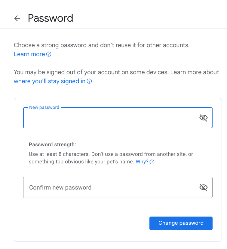setting new google account password
