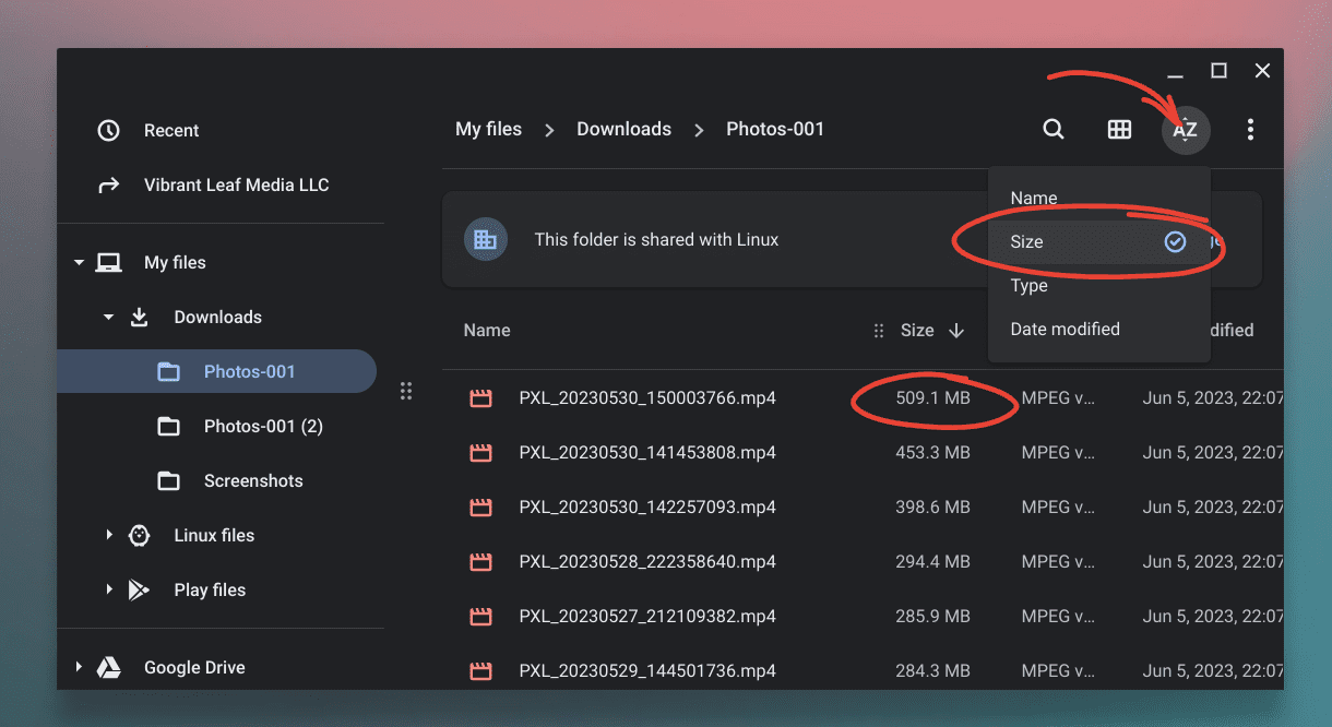 sorting by file size in files app