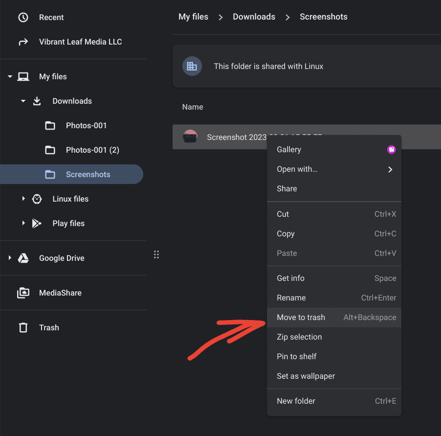 using right click options to delete a file