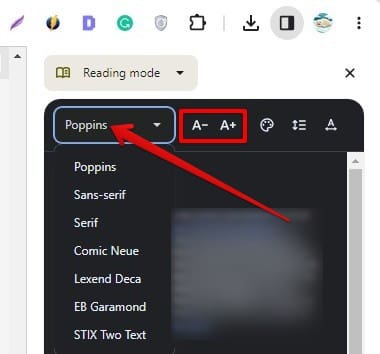 Adjusting the font size and style in the Reading Mode