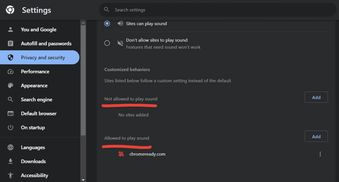 allowing and not allowing sites to play sound through chrome