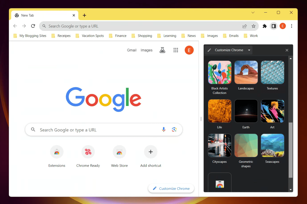 changing theme and background of chrome