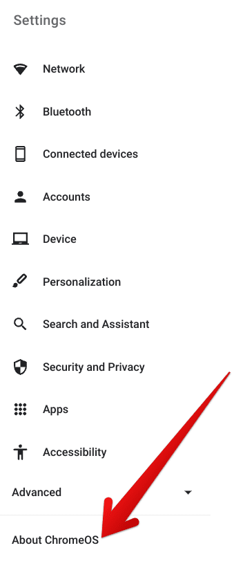 Choosing the "About ChromeOS" section