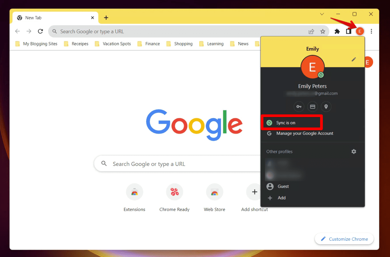 chrome profile sync setting