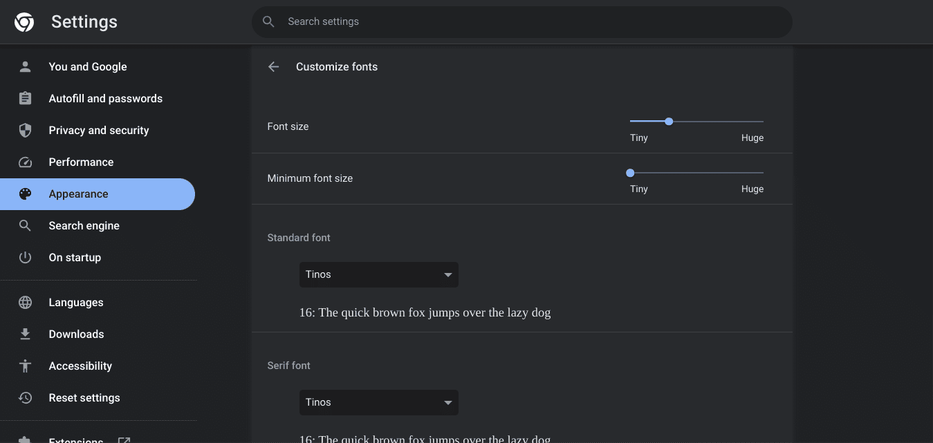 chrome font settings