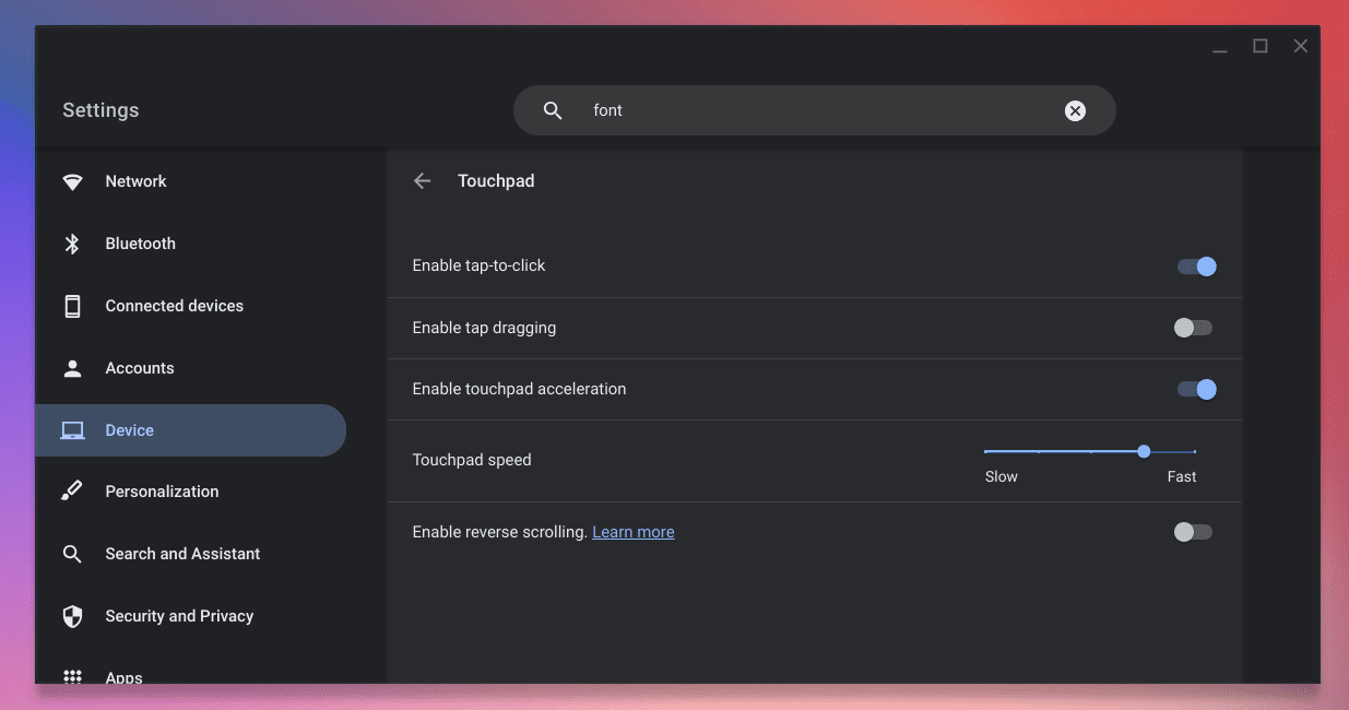 chromeos touchpad settings