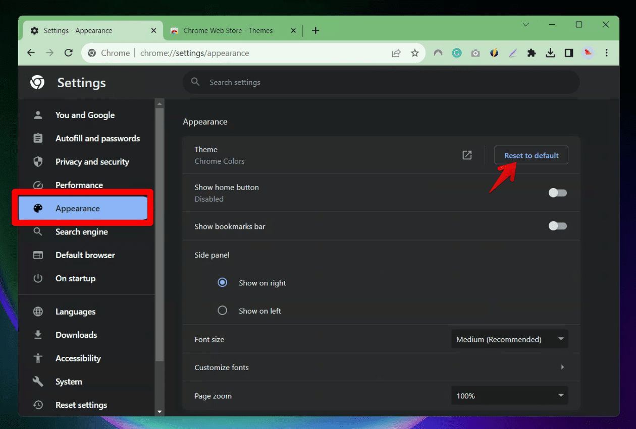 chrome's appearance settings