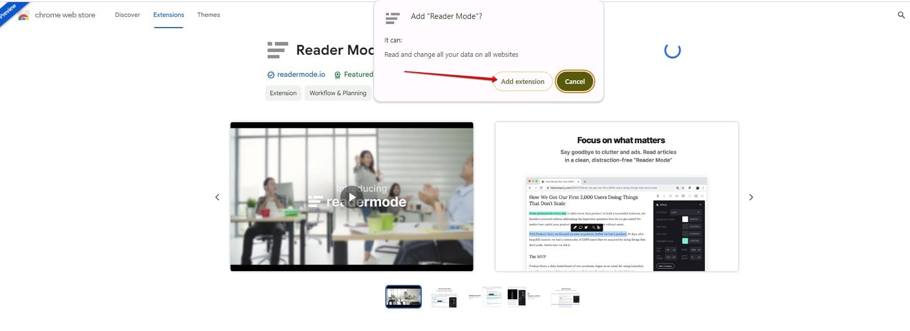 Confirming the installation of Reader Mode